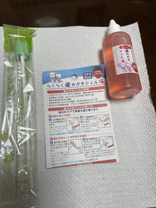 犬用の歯磨きジェルとスポンジブラシ